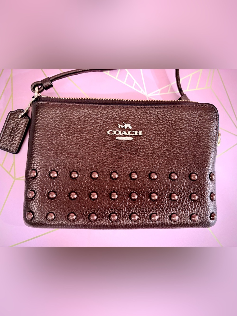 Coach Metallic Chocolate Brown Pebbled Leather Zip Wristlet - Picture 2 of 7